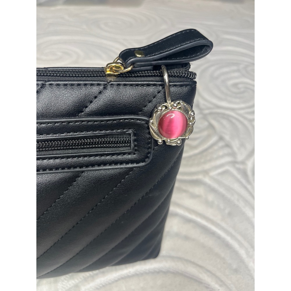 Pink Cats Eye Key Finder Bag Charm Silver Tone Filigree Purse Keychain Accessory